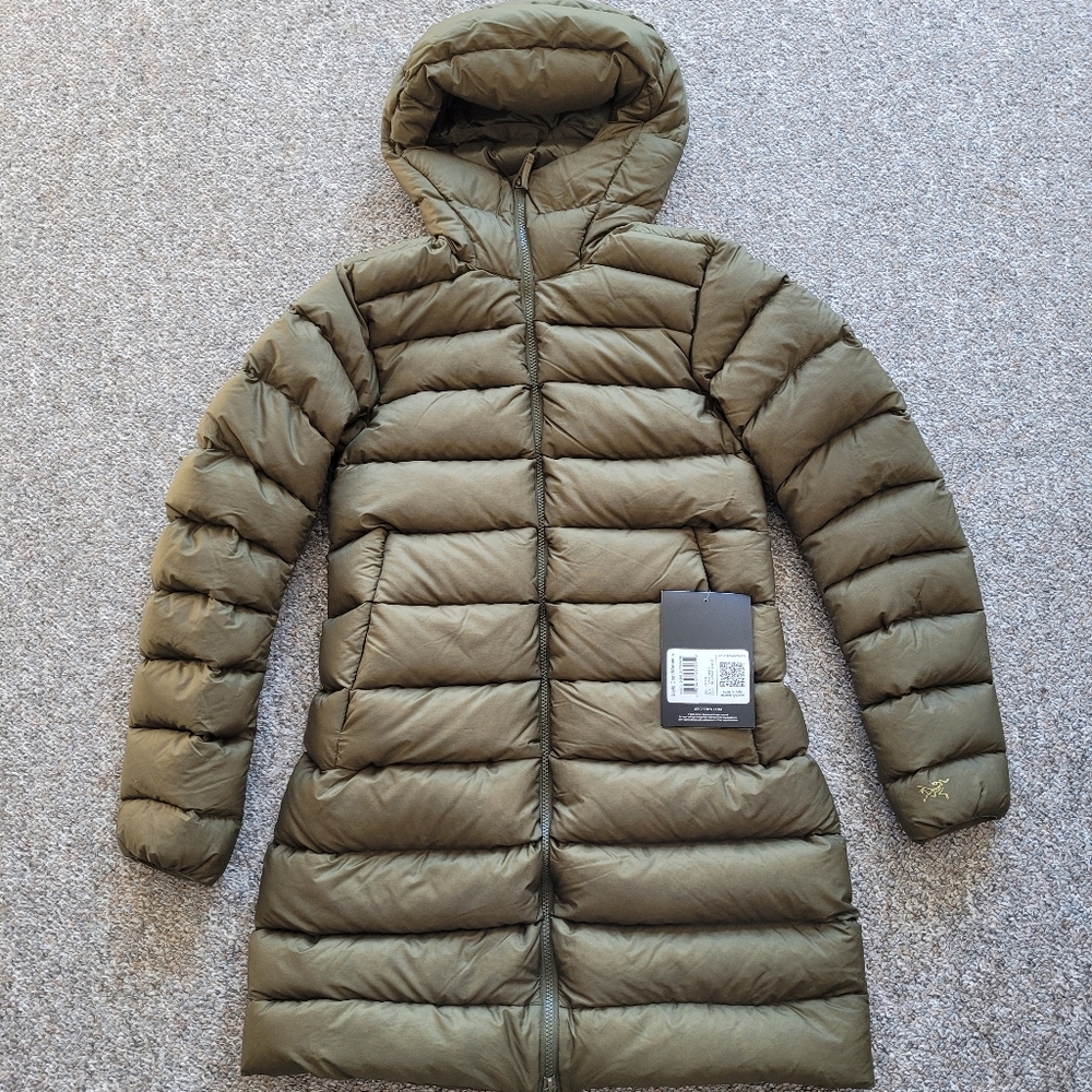 Arc'teryx Women's Olive Green Long Down Puffer Coat with Hood